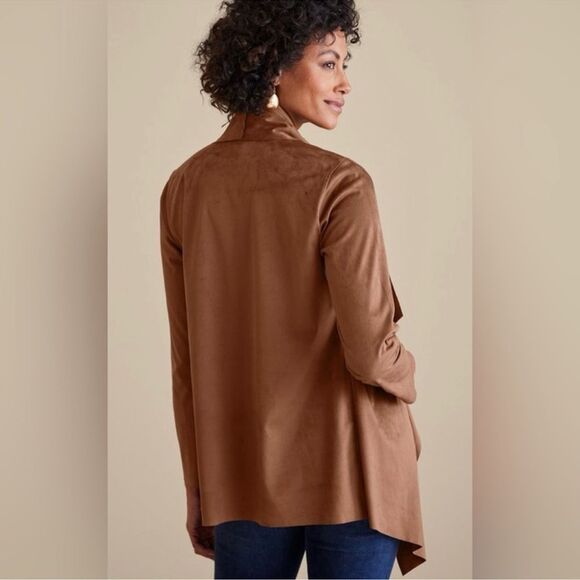 Soft Surroundings Shape Drape Faux Suede Brown Jacket Cardigan Size XS NWOT - Picture 3 of 11